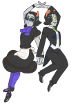 back_to_back crossdressing equius_zahhak holding_hands meowrails nepeta_leijon no_hat saucy_maid_outfit suit v23 