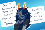 2023 artificial_limb blush eyepatch fullres illegal_vriska madzogonemad solo starter_outfit text vriska_serket word_balloon