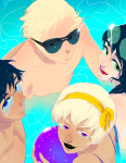beta_kids broken_source dave_strider freckles high_angle jade_harley john_egbert ket no_glasses rose_lalonde summer swimsuit