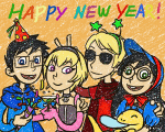  2012 animated arm_around_shoulder au beta_kids beverage casey cocktail_glass consorts dave_strider fashion fullres glub hat holidaystuck jade_harley john_egbert liralicia rose_lalonde salamanders text 