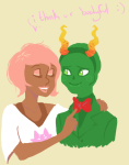 2012 arm_around_shoulder bloodtier calliope fake_horns fullres redrom roxy_lalonde shipping snake_wine starter_outfit text word_balloon