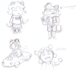 2011 50sstuck alternate_hair art_dump au car cat_hat cosplay cptnameless crossdressing crossover fashion finger_guns fullres grayscale knife monochrome nepeta_leijon no_coat no_hat pencil solo text update weapon yotsuba&amp;! yume_nikki