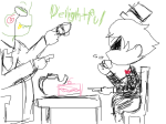 beverage cake dirk_strider fashion fluffyhana food formal fullres grayscale hat highlight_color lord_english monochrome profile sitting size_difference sketch suit text