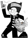  2023 crossover dirk_strider fullres grayscale gun halloweenstuck highlight_color jaggy_lines jake_english littlestpetgoth monochrome roxy_lalonde soul_eater 