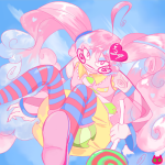  2026 candy clouds crossover food fullres hatsune_miku heart low_angle midair oblique_angle sitting solo spiral_sucker text trickster_mode vocaloid yumiiiiiiiiiiii 