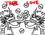  2011 blush deep_purple eridan_ampora fullres grayscale jaggy_lines kiss lineart monochrome nintendo pok&eacute;mon pride selfcest shipping starter_outfit text 