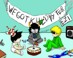  2011 apple_juice book cake comical_hat dave_strider dream_ghost felt_duds fluorite_octet fullres_export_attempted gumbamasta hat john_egbert liv_tyler sitting sord starter_outfit text vriska_serket 