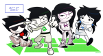  2025 beta_kids claw_hammer cradoii dave_strider fullres jade_harley john_egbert kneeling rose_lalonde sburb_logo speculative_design starter_outfit text thumbs_up weapon 