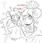  2026 aradia_megido blush cultisthell damara_megido dancestors emoticon fullres grayscale highlight_color language:japanese megidos monochrome sitting size_difference starter_outfit sweat text 