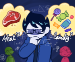  2019 calliope candy chibigaia food fullres john_egbert meat roxy_lalonde sweat text the_homestuck_epilogues thought_balloon 