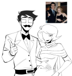  2026 blackoutbruh facial_hair finger_guns fullres grayscale image_manipulation jake_english monochrome parody redrom roxy_lalonde shipping shotgun 