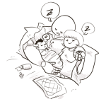  agpicklefeet arm_around_shoulder au babies bed beverage hb hearts_boxcars lineart nervous_broad no_hat palpitations problem_sleuth_(adventure) shipping sleeping stabdads 