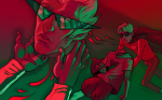  blood dave_strider decapitation dirk_strider godtier head_out_of_frame heart_aspect knight limited_palette multiple_personas phemiec prince time_aspect unbreakable_katana 