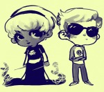  arms_crossed back_to_back black_squiddle_dress chibi dave_strider grayscale grimdark quills_of_echidna red_baseball_tee rose_lalonde siblings:daverose zhen 