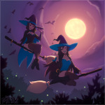  2024 animals aranea_serket broom clouds dancestors deletethestars fashion fullres halloweenstuck humanized midair moon night serkets vriska_serket wonk 