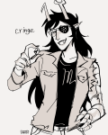  2023 artificial_limb body_modification eyepatch fluorite_octet fullres grayscale illegal_vriska monochrome solo starter_outfit text vriska_serket zzoupz 