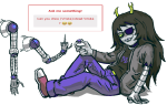  2026 artificial_limb eggwishing eyepatch fullres jaggy_lines sitting solo starter_outfit text the_finger vriska_serket 
