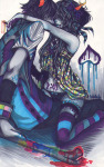  8luh8luh alternate_hair back_angle blackrom blood broken_source emoticon fashion fullres gamzee_makara juggalovania kneeling near_kiss shipping sitting spade text undergarments vriska_serket 