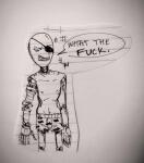 2014 artificial_limb eyepatch fullres grayscale jack_noir lineart no_hat no_shirt scars scotty_dog solo spades_slick text tyska undergarments word_balloon