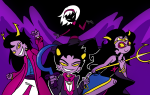  2011 au black_squiddle_dress bloodswap body_modification calamityjane feferi_peixes fullres grimdark karkat_vantas no_glasses psidon's_entente rose_lalonde sickle starter_outfit vriska_serket weapon 