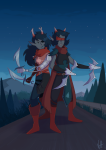  2019 artificial_limb au blindfold body_modification crossover eyepatch fullres light_aspect mind_aspect night redrom scourge_sisters shipping stars sword terezi_pyrope trees veri vriska_serket weapon world_of_warcraft 