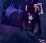  2025 absentmindedgaze arms_crossed artificial_limb book eyepatch fluorite_octet fullres hive pir8_coat sitting solo starter_outfit vriska's_hive vriska_serket 