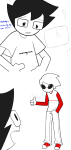  ! 2025 back_angle catcow-draws dave_strider fashion fullres grayscale highlight_color john_egbert lineart monochrome red_baseball_tee sketch text the_truth thumbs_up 