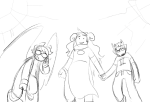 2016 aradia_megido davepetasprite^2 fullres godtier grayscale holding_hands low_angle maid midair paperseverywhere sketch sollux_captor sprite starter_outfit time_aspect