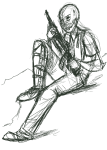  artificial_limb black_rifle caliborn grayscale sitting sketch solo specialsari 