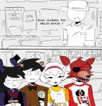 2025 anthro beta_kids beverage cosplay dave_strider eyepatch five_nights_at_freddy's fullres hat jade_harley john_egbert mask microphone red_baseball_tee rose_lalonde sanestartistt text