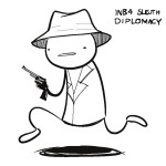  2023 fullres grayscale gun handgun image_manipulation jaggy_lines midair monochrome nictelsm problem_sleuth problem_sleuth_(adventure) solo text weapon 