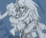  2012 9vs9 artificial_limb blush carrying eyepatch fullres grayscale monochrome shipping sketch starter_outfit tavriska tavros_nitram text the_word_homestuck vriska_serket 