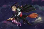 2015 broom clouds crossdressing fullres halloweenstuck hat kanaya_maryam midair moon night redrom reverse_hug rose_lalonde rosemary s-opal shipping sitting stars