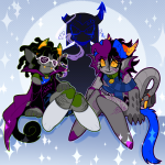  2025 alternate_hair animal_ears blackrom blood body_modification catfish clothingswap equius_zahhak eridan_ampora fullres glasses_added grubscars irradiatedgir nepeta_leijon no_glasses no_hat scars shipping silhouette sleepystuck smoking stars text troll_tail 