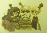  black_squiddle_dress broken_source dave_strider dress_of_eclectica food grayscale happy_birthday_message hat jade_harley kaymurph rose_lalonde 