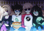   beta_kids black_squiddle_dress book couch dave_strider dress_of_eclectica food jade_harley john_egbert moorina red_baseball_tee rose_lalonde squiddles starter_outfit 