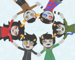  2013 aradia_megido fashion freckles fullres holding_hands holidaystuck jaggy_lines kanaya_maryam karkat_vantas lying n1ght1ng4l3 nepeta_leijon no_glasses no_hat smiling_karkat sollux_captor tavros_nitram text winter 