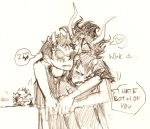  2014 :o) blackrom buzz_boys chubsintubs eridan_ampora fullres gamzee_makara grayscale heart karkat_vantas pencil redrom reverse_hug shipping sketch sollux_captor spade starter_outfit text tropicshipping word_balloon 