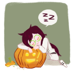  halloweenstuck jade_harley kneeling mokou pumpkin sleeping solo starter_outfit word_balloon 