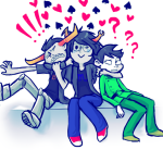  ! 2011 ? arm_around_shoulder artificial_limb blackrom con_heir fullres heart hug john_egbert junior_ectobiologist&#039;s_lab_suit redrom retrodynamics robolegs shipping starter_outfit tavriska tavros_nitram vriska_serket 