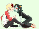  broken_source coolkids dave_strider kiss kneeling near_kiss no_glasses pootles red_baseball_tee redrom shipping sitting starter_outfit terezi_pyrope 