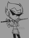  2024 crossdressing dirk_strider fullres glubtardoglubtard grayscale school_uniform sketch solo text unbreakable_katana weapon 