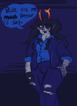  2022 artificial_limb body_hair chubstuck eyepatch fashion formal fullres jaggy_lines juney-blues scars she-ra solo suit text transtuck vriska_serket word_balloon 