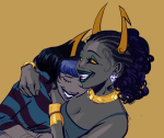  2024 alternate_hair arm_around_shoulder body_modification candy_timeline diabetes fullres haven homestuck:_beyond_canon hug jewelry kanaya_maryam vriska_maryam-lalonde 