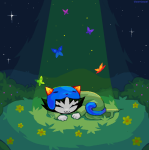  2024 butterflies cat_hat clowncarpal clubs diamond flowers fullres heart jaggy_lines lying nepeta_leijon night parody sleeping solo stars starter_outfit undertale 