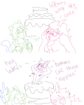  2014 ? cake chastyn cronus_ampora dancestors feferi_peixes food fullres lineart monochrome nepeta_leijon no_hat no_shirt starter_outfit text 