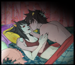  2012 adorabloodthirsty bed broken_source dinosaurs fancyfishface fullres karkat_vantas lying near_kiss no_glasses no_shirt plushie redrom shipping terezi_pyrope 